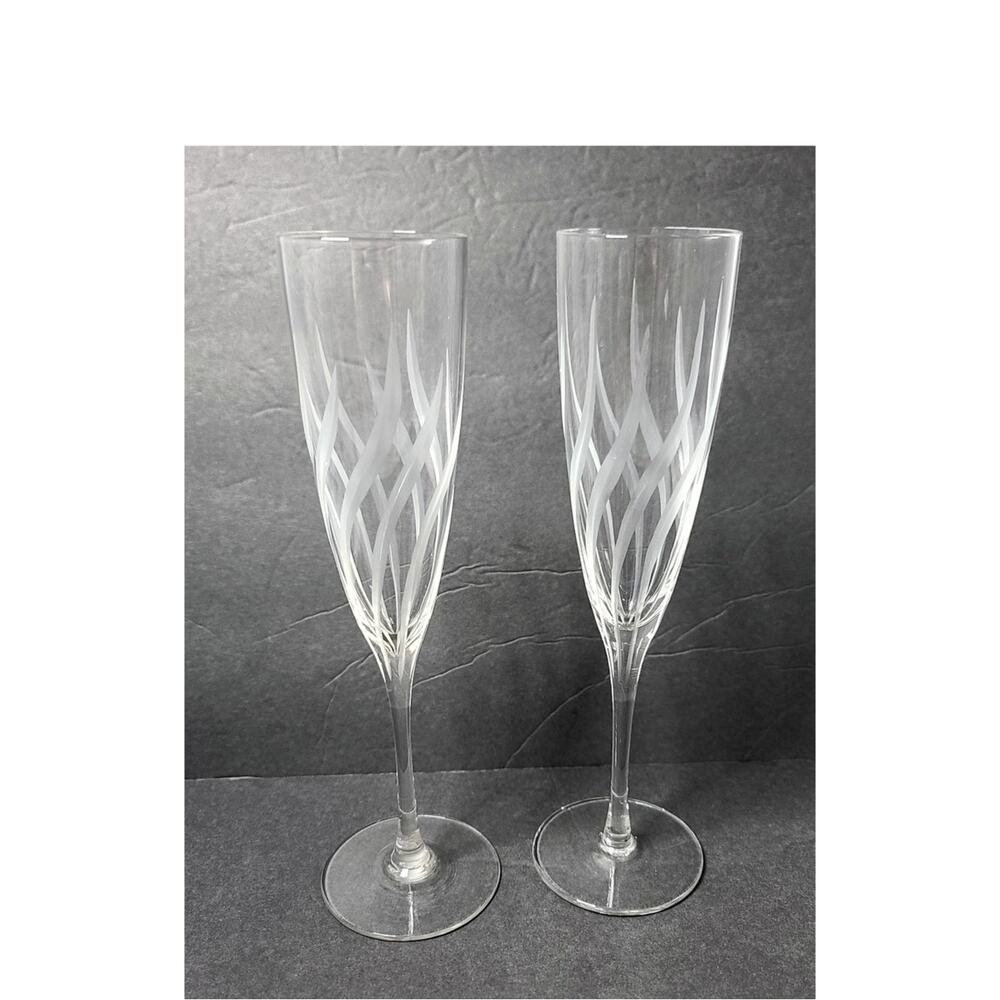 Set of 2 Galway Living Crystal Glass Champagne Flutes "Fire" Etched Pattern
